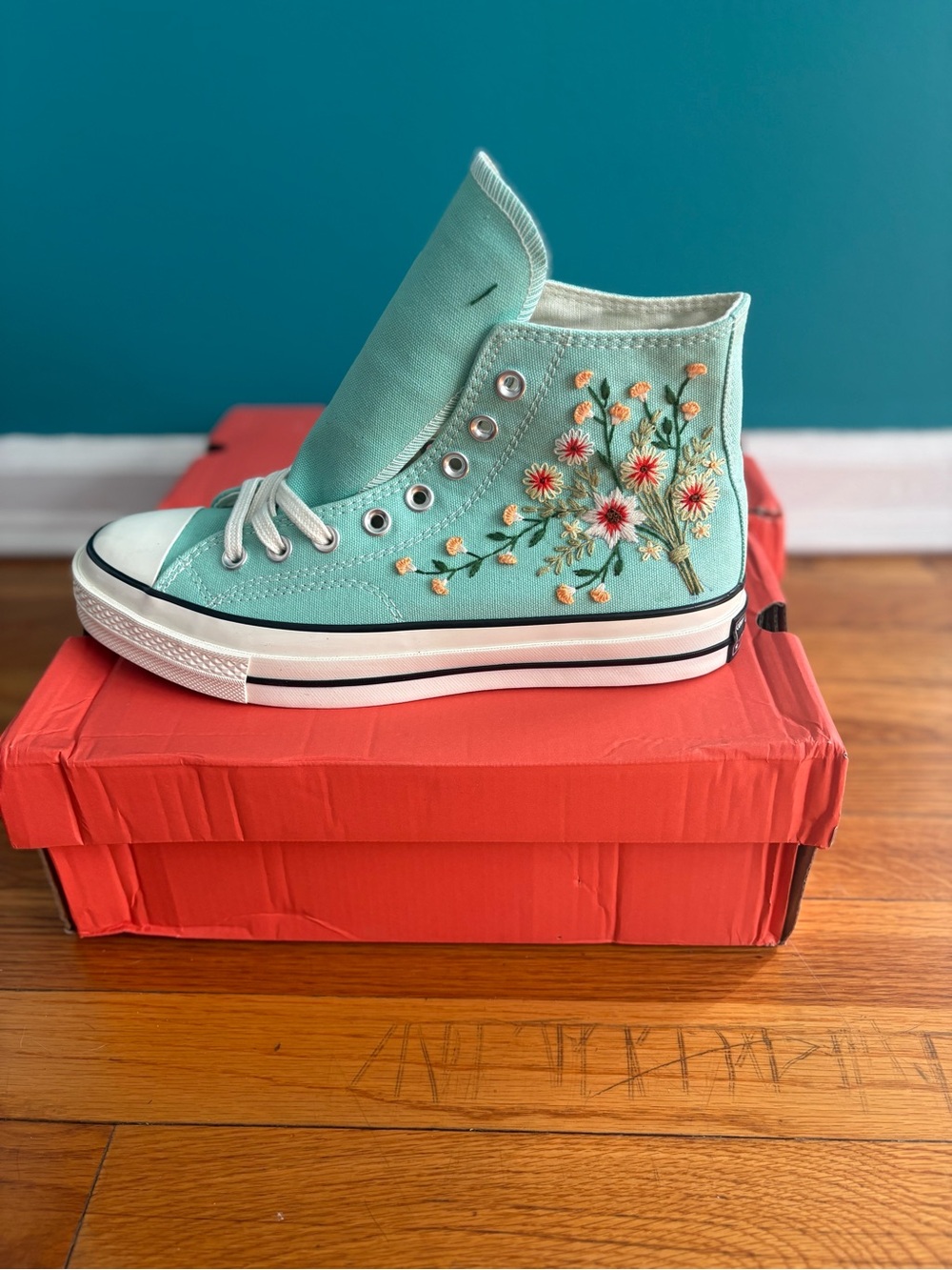 Converse Mint Green High-Top Sneakers with Floral Embroidery
